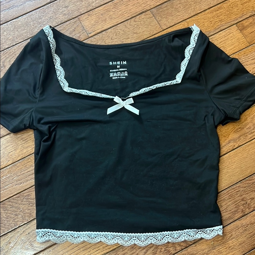 SHEIN Black Crop Top with Sailor Collar and Tie Front